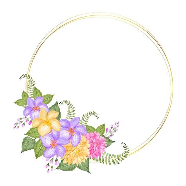 Vettore bellissimo design del telaio ghirlanda floreale ad acquerello con cornice dorata
