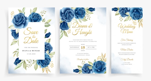 Beautiful watercolor floral wreath on set wedding invitation card template