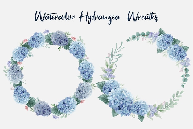 Vector beautiful watercolor floral wreaths with hydrangea flowers and eucalyptus branches