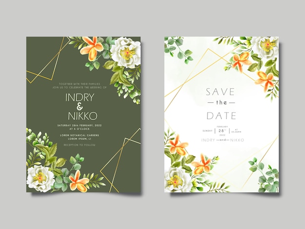 美しい水彩花と葉の結婚式の招待カード