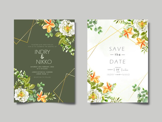 beautiful watercolor flower and leaves wedding invitation cards