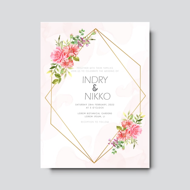 Beautiful watercolor flower and leaves wedding invitation cards