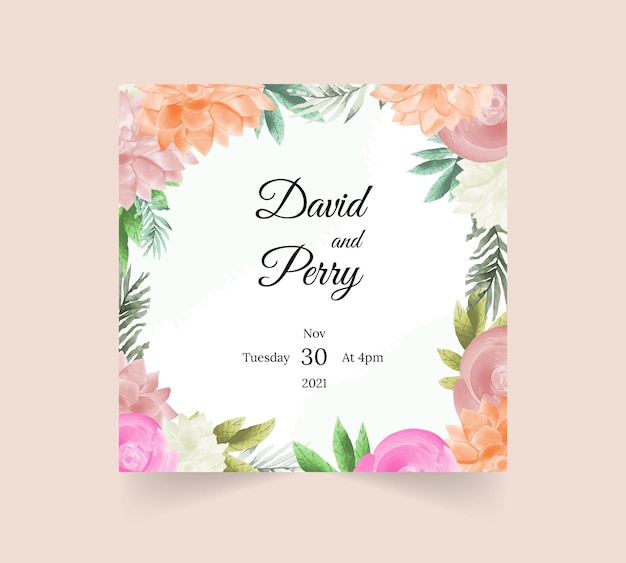 Beautiful watercolor flowers and leaves wedding invitation card