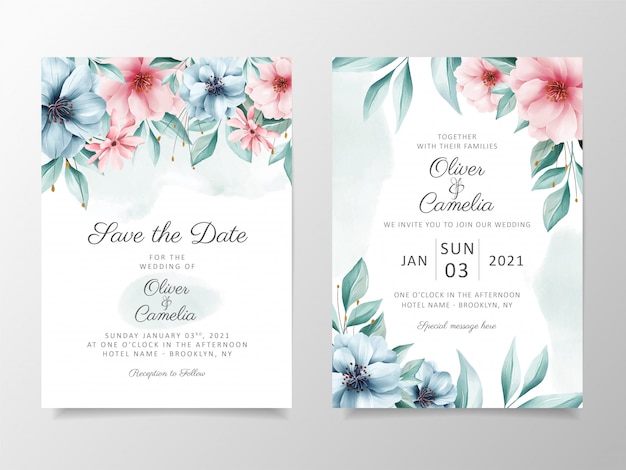 Beautiful watercolor flowers wedding invitation card template set.