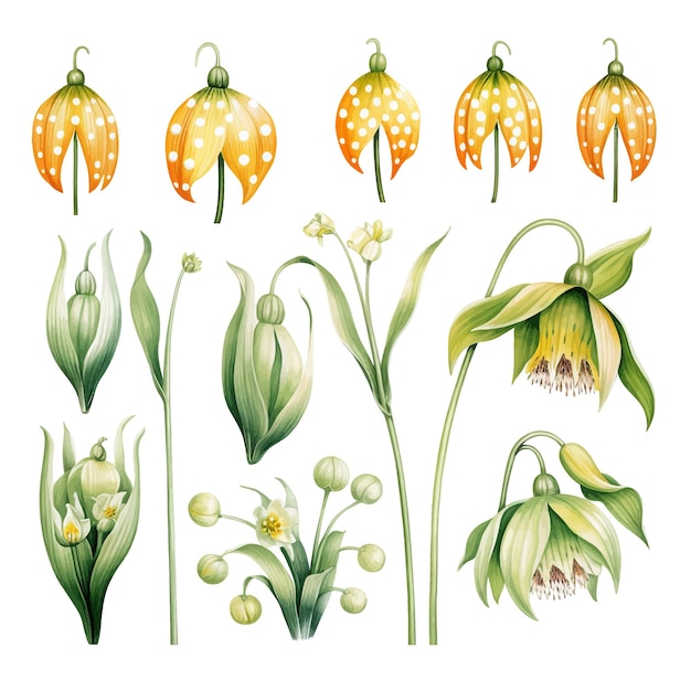 ベクトル フリティラリア (fritillaria) の花と葉のクリパート (clipart) 水彩画の花の要素