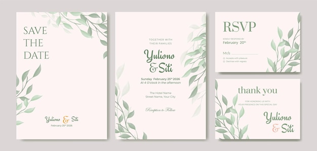 美しい水彩画の緑の葉の両面の結婚式の招待状のテンプレート プレミアム ベクトル