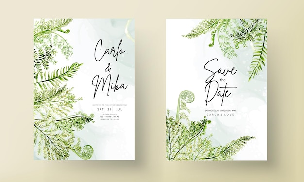 Vector beautiful watercolor greenery fern leaves wedding invitation card