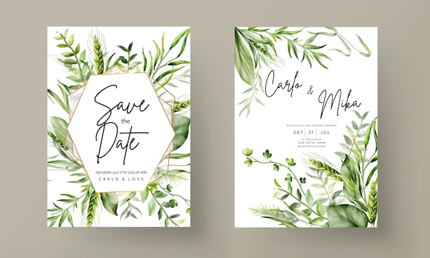 beautiful watercolor greenery leaves wedding invitation card