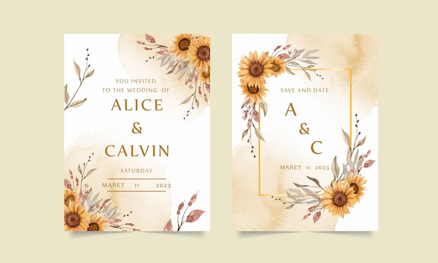 Beautiful watercolor hand drawn sunflower wedding invitation with gold frame