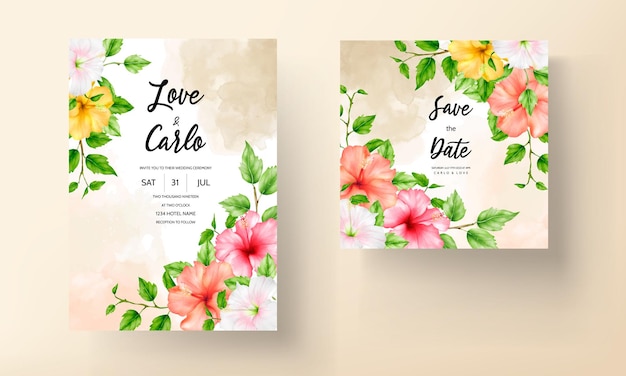 美しい水彩画のハイビスカスの花の結婚式の招待カード