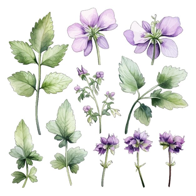 Vector beautiful watercolor lamium flowers clipart and leaves watercolor floral elements