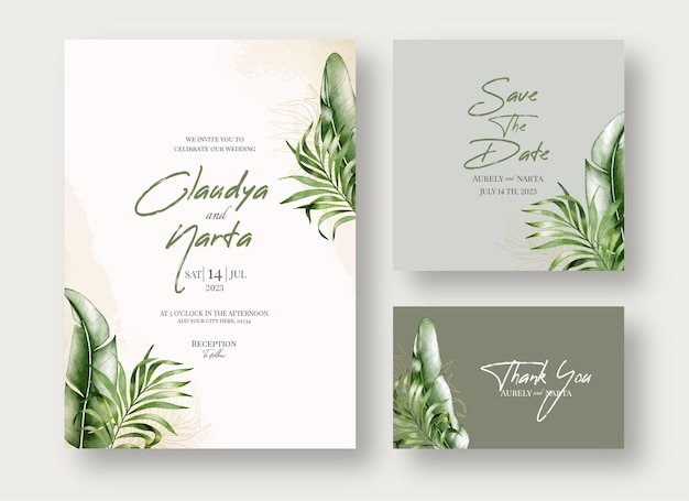 Beautiful watercolor leaf wedding card template