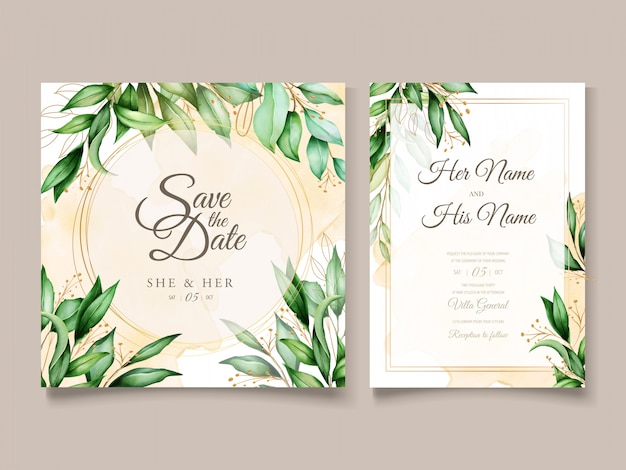 Beautiful watercolor leaves wedding card template