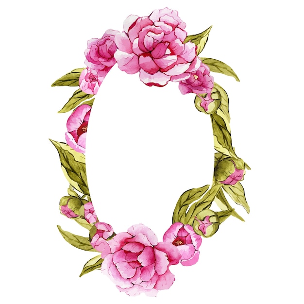 Beautiful watercolor oval floral wreath with peonies