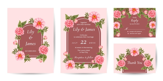 Beautiful watercolor pink floral wedding invitation template set with rose and peony flowers