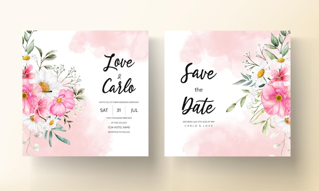 美しい水彩ポピーとデイジーの花の結婚式の招待カード