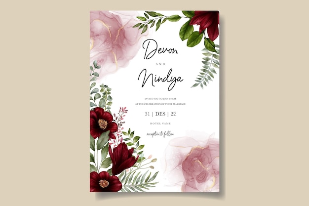 Vector beautiful watercolor red flower wedding invitation card