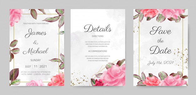 Beautiful watercolor rose wedding invitation card rose leaf template set