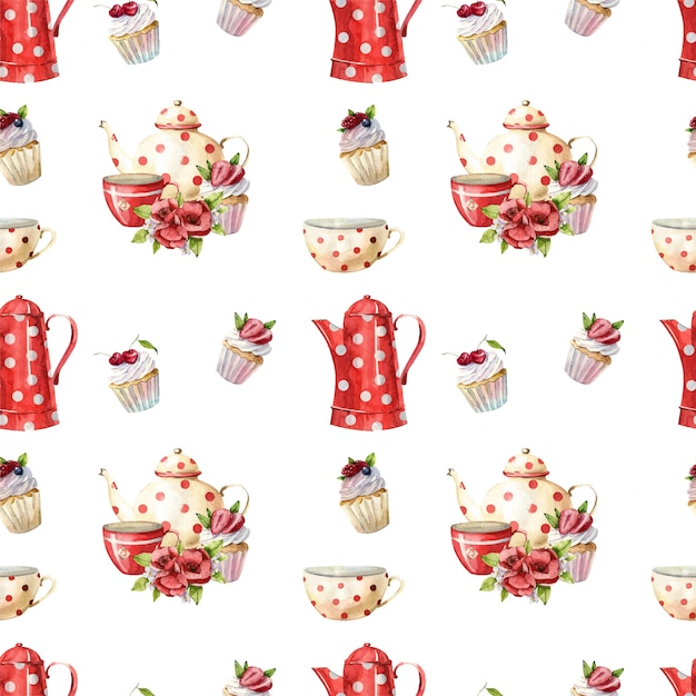 Beautiful watercolor seamless pattern with teapots, cups and cupcakes