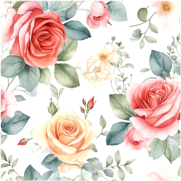 장식 디자인을 위한 분홍색 꽃 장미 패턴의 화려한 배경이 있는 아름다운 수채색 세트
