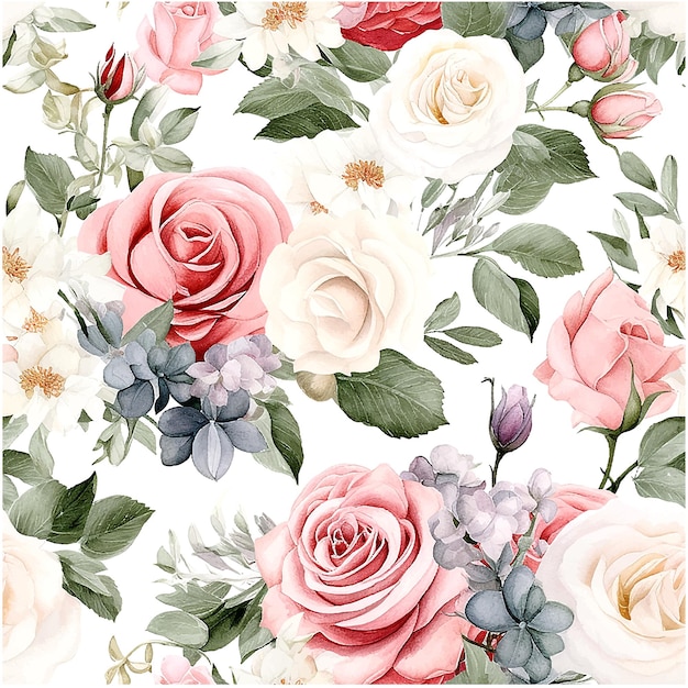 装飾的なデザインのためのピンクの花のバラ模様のカラフルな背景を持つ美しい水彩セット