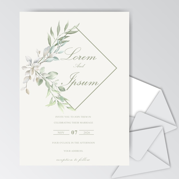 beautiful watercolor wedding card template with foliage