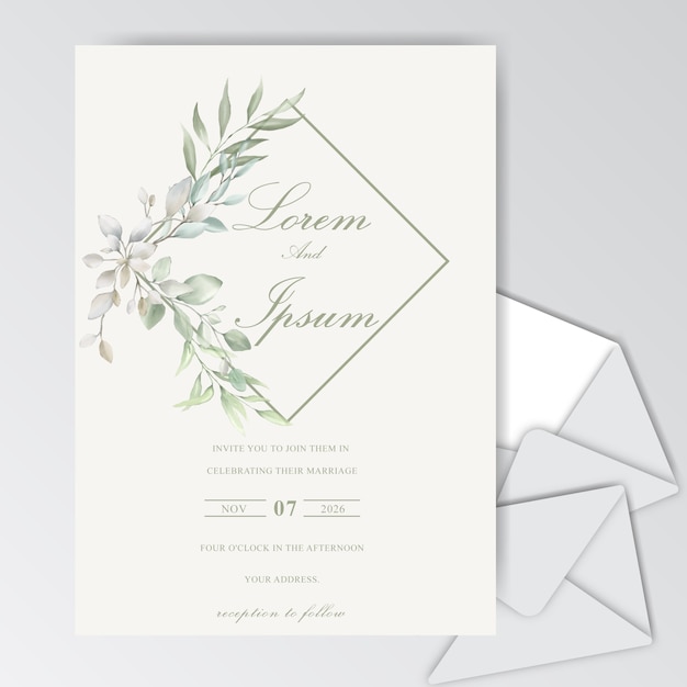 Beautiful watercolor wedding card template with foliage