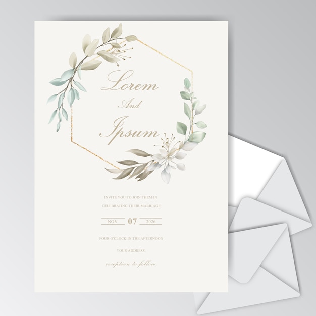 Beautiful watercolor wedding card template with foliage