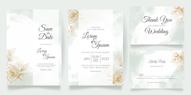 Beautiful watercolor wedding invitation card template set with golden floral decoration