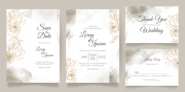 Beautiful watercolor wedding invitation card template set with golden floral decoration