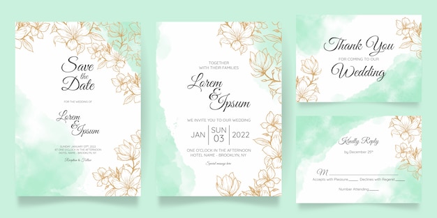 황금 꽃 장식으로 설정 아름 다운 수채화 결혼식 초대 카드 템플릿
