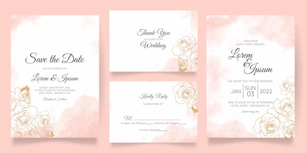 Beautiful watercolor wedding invitation card template set with golden floral decoration