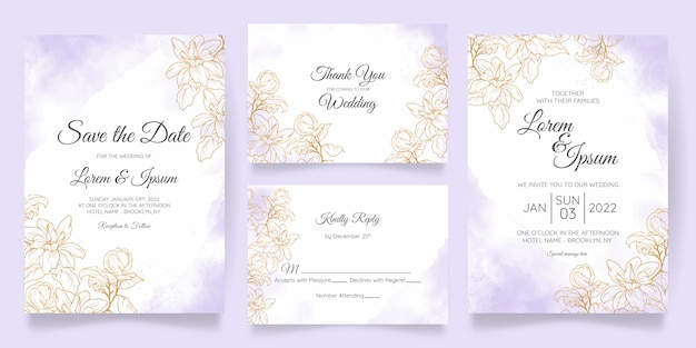 Beautiful watercolor wedding invitation card template set with golden floral decoration