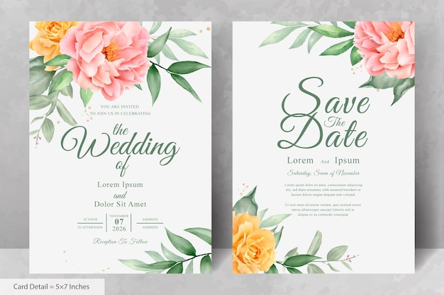 Beautiful watercolor wedding invitation set with hand drawn floral