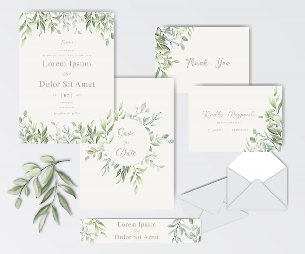 Beautiful watercolor wedding stationary template collection with Foliage