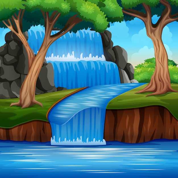 Vector a beautiful waterfall landscape in forest