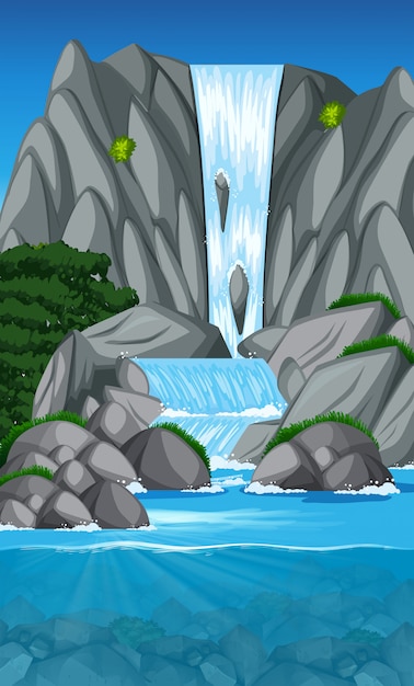 Vector beautiful waterfall landscape scene