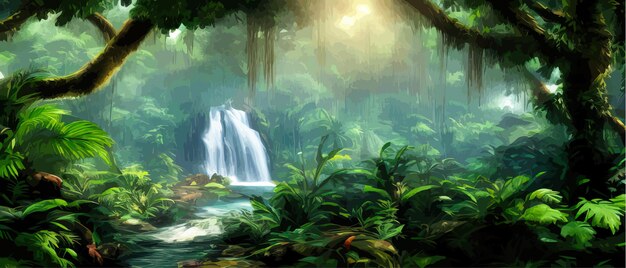 Beautiful waterfall river in dark green tropical forests fantasy fackrop concept art realistic