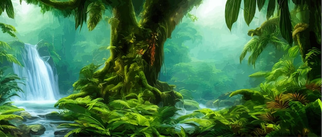 Красивый водопад, река в темно-зеленых тропических лесах, фэнтезийный концепт-арт, реалистичный