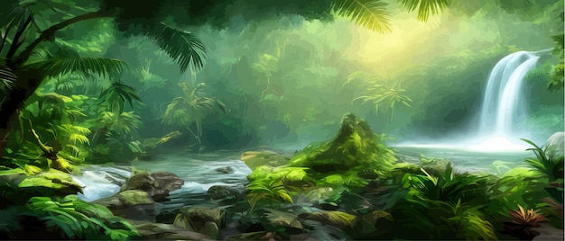 Вектор Красивый водопад, река в темно-зеленых тропических лесах, фэнтезийный концепт-арт, реалистичный