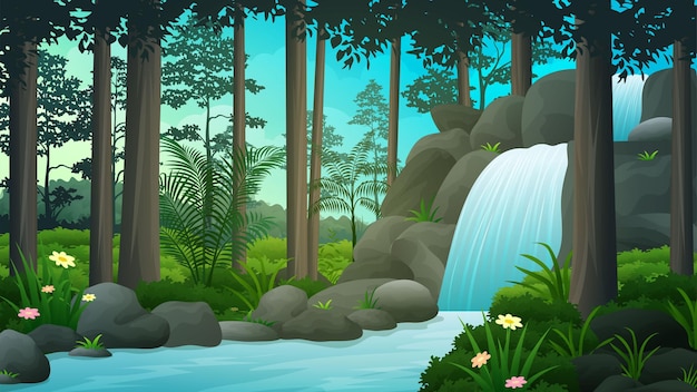 Beautiful waterfall scenery in tropical forest nature landscape\
vector illustration