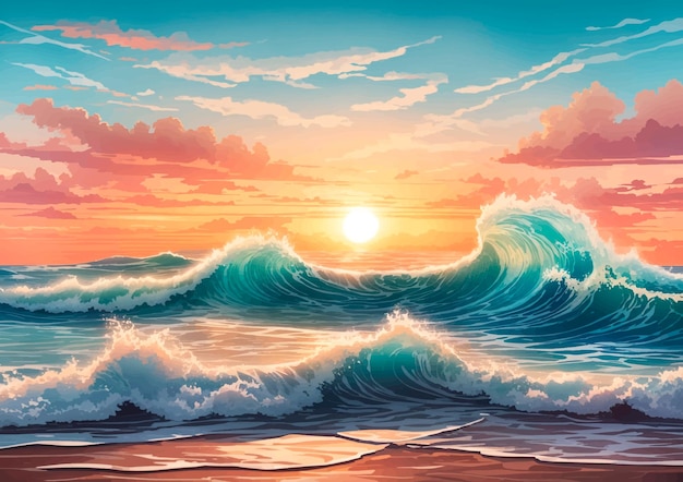 Beautiful wave breaking on the beach at sunset Natural background