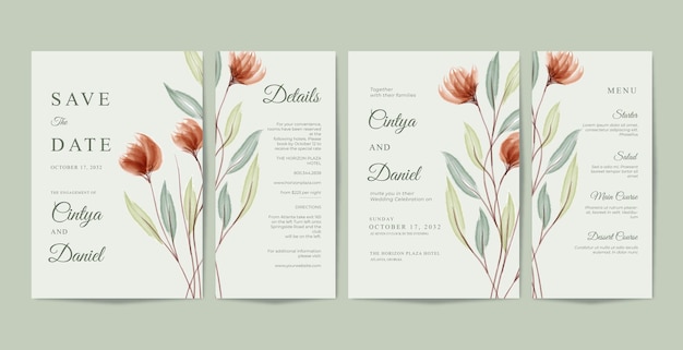 Beautiful wedding card collection template with floral watercolor