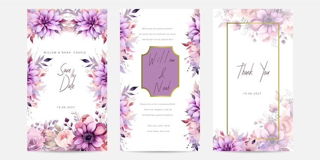 Beautiful wedding card invitation Hand painting of purple roses flower and leaves arrangement