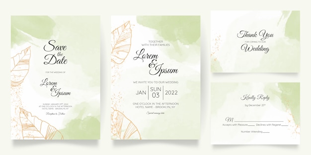 Beautiful wedding card invitation template set with splash watercolor