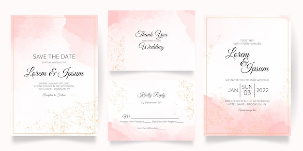 Beautiful wedding card invitation template set with splash watercolor