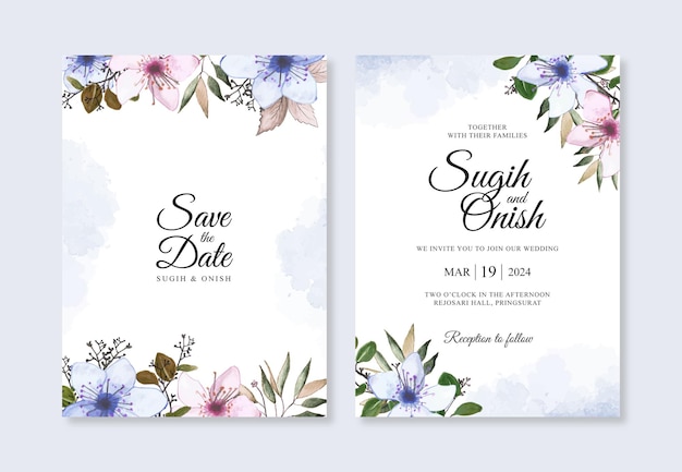 手描きの水彩花柄の美しいウェディングカードの招待状のテンプレート