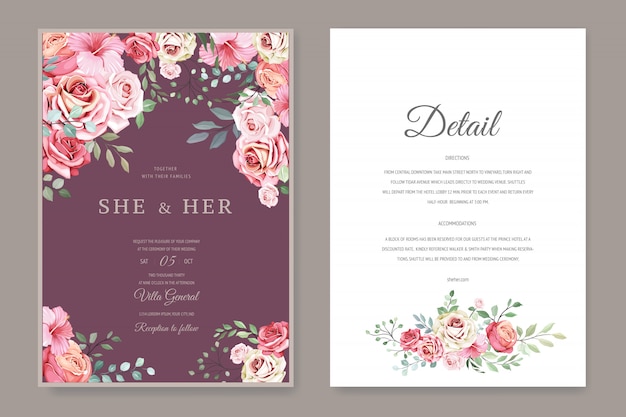 Beautiful wedding card template with beautiful flowers and leaves