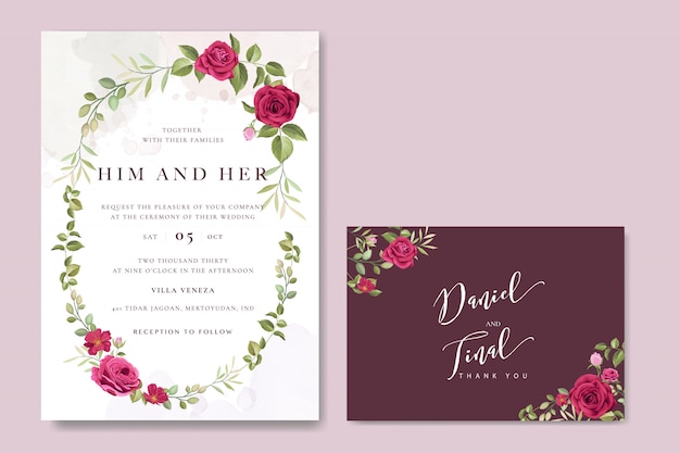 Beautiful wedding card template with colourful maroon roses