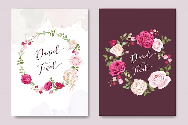 Beautiful wedding card template with colourful maroon roses